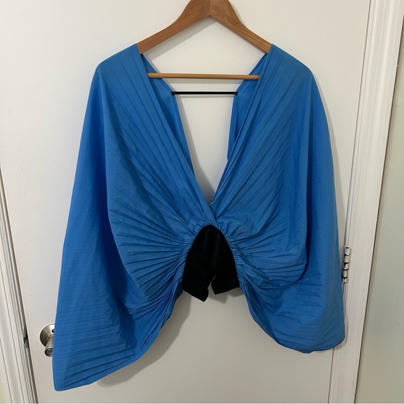 Reveuse Tops - Reveuse | Women’s Elegant Blue V-Neck Pleated Crop Top Blouse | Size Small